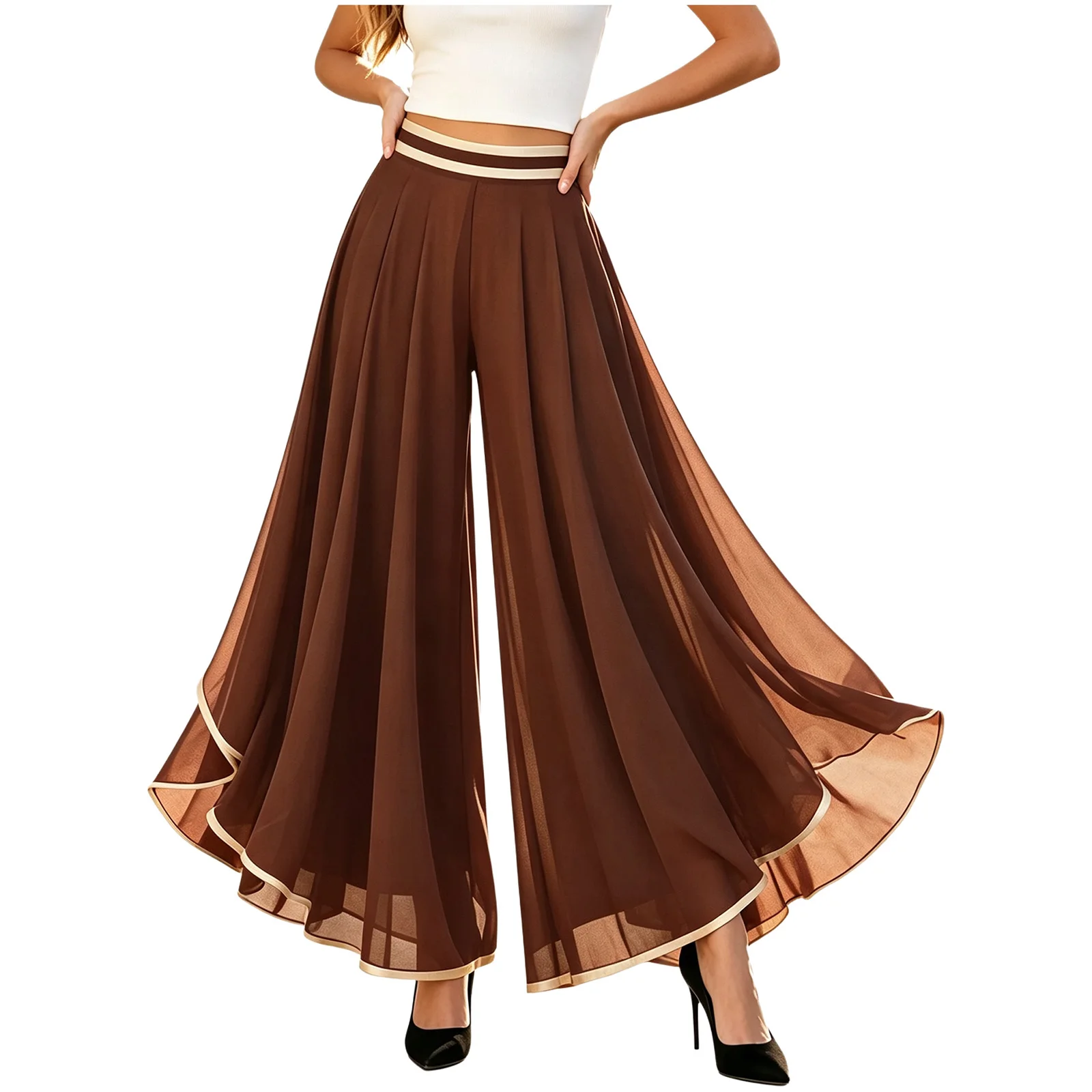 Elegant Women Wide Leg Pants Flowy Chiffon Palazzo Culottes Irregular High Waist Loose Pants Trousers Lyrical Dance Costume