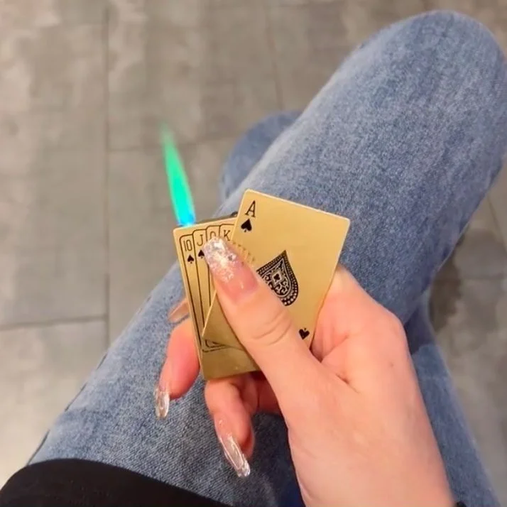 Creative Poker Personalized Lighter Spades Ace Windproof Direct Charge Green Flame Fancy Outdoor Windproof Lighter