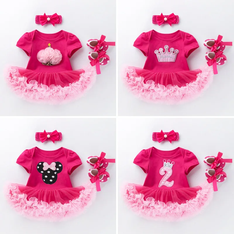 3Pcs Baby Girl Birthday Clothes Newborn One Year Princess Tutu Dress Suit 1st Birthday Party Clothes 2 Years Infant Romper Dress