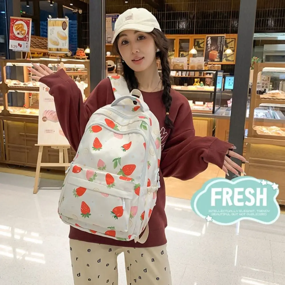 Large Capacity Strawberry Printed Backpack Adjustable Strap Korean Style Students Knapsack Nylon Multi Pocket School Bag