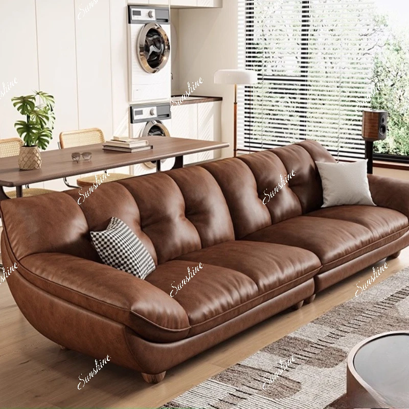 Retro, leather sofa living room Italian small apartment, caramel color simple and modern