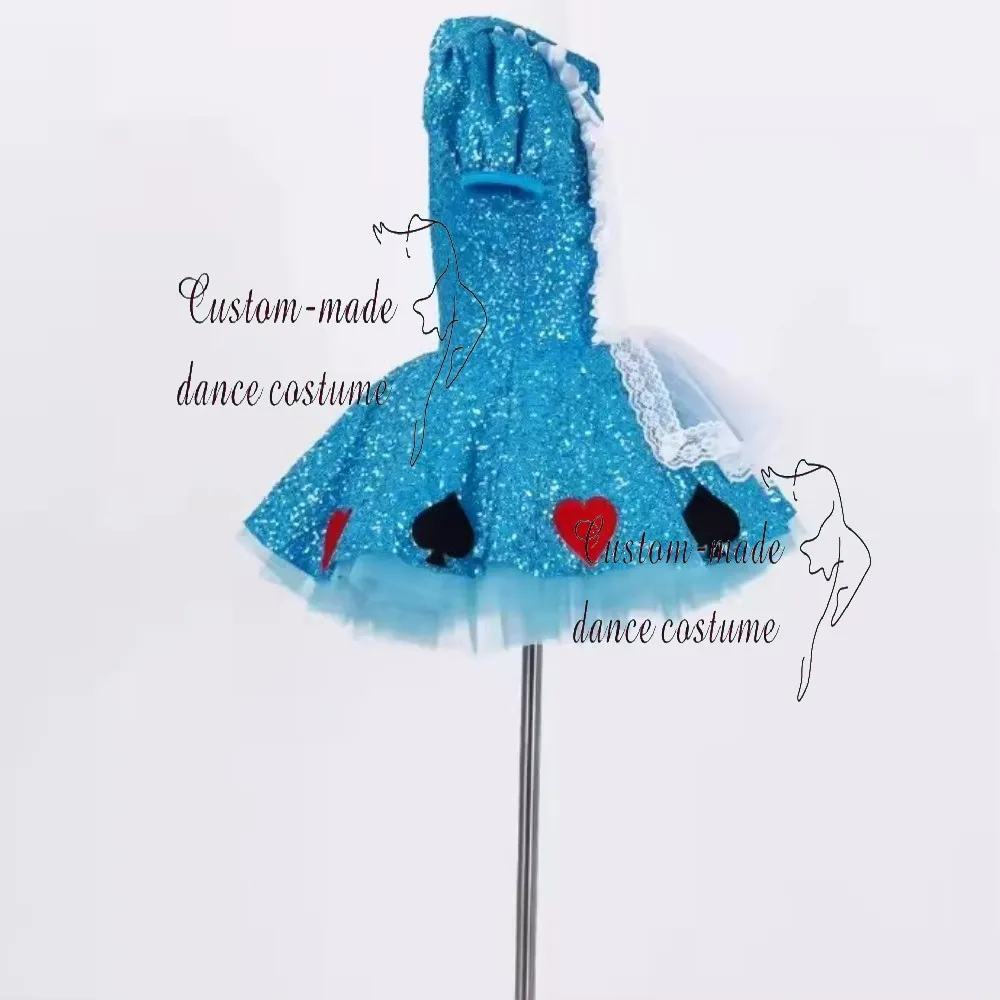 Girls' Romantic Dance Dress in Blue Lace for Stage Performances, Ballet Skirt with Puff Sleeves, Adorable Girls' Dance Costume