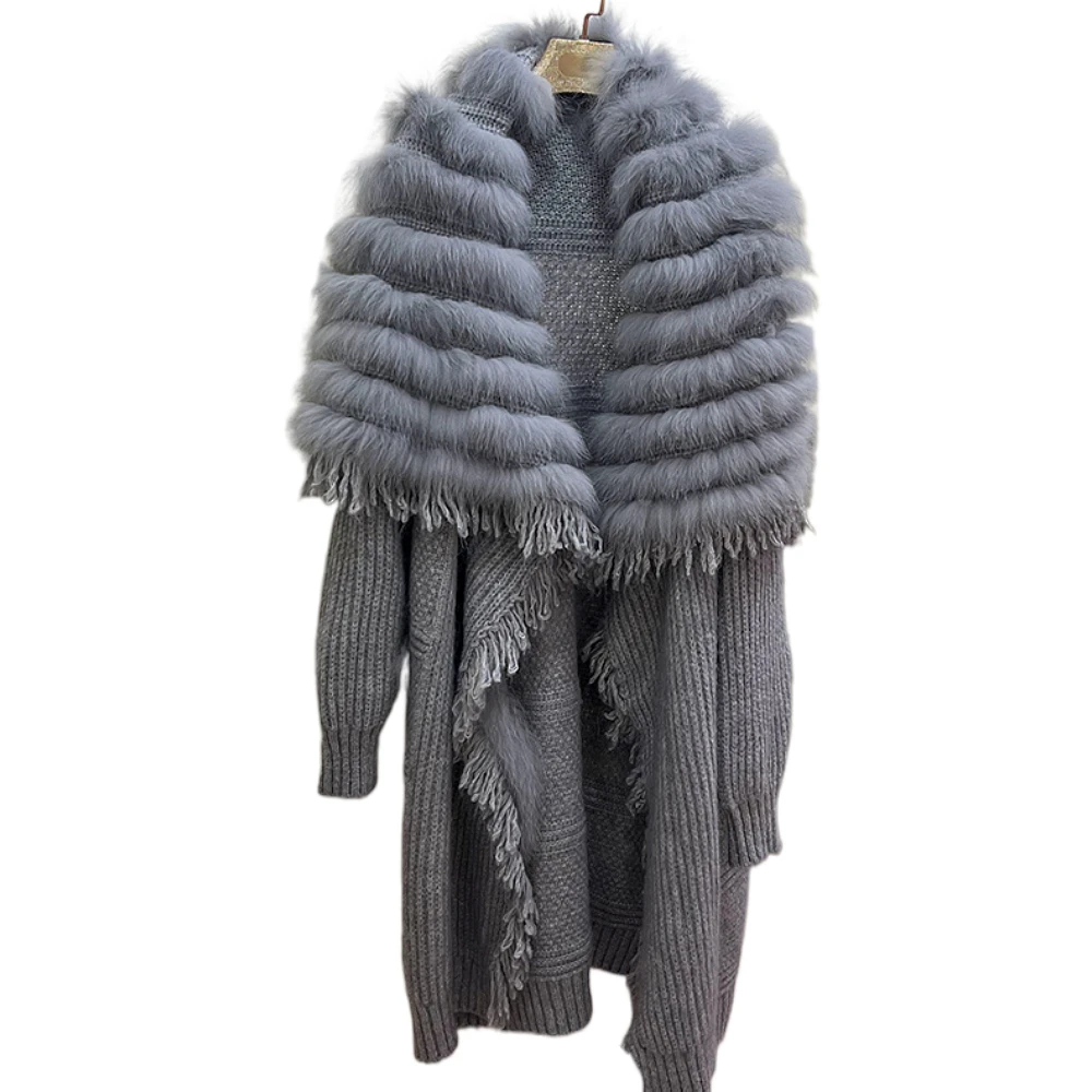 ZDFURS*2022 Women Real Fox Fur Knitting OverSize Coat Autumn Fox Fur Decoration Lady\'s Fashion Long Sweater Fashion Length 110cm