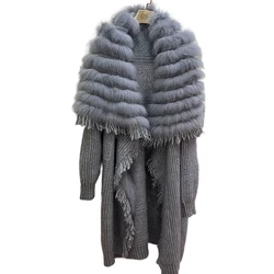 ZDFURS*2022 Women Real Fox Fur Knitting OverSize Coat Autumn Fox Fur Decoration Lady's Fashion Long Sweater Fashion Length 110cm