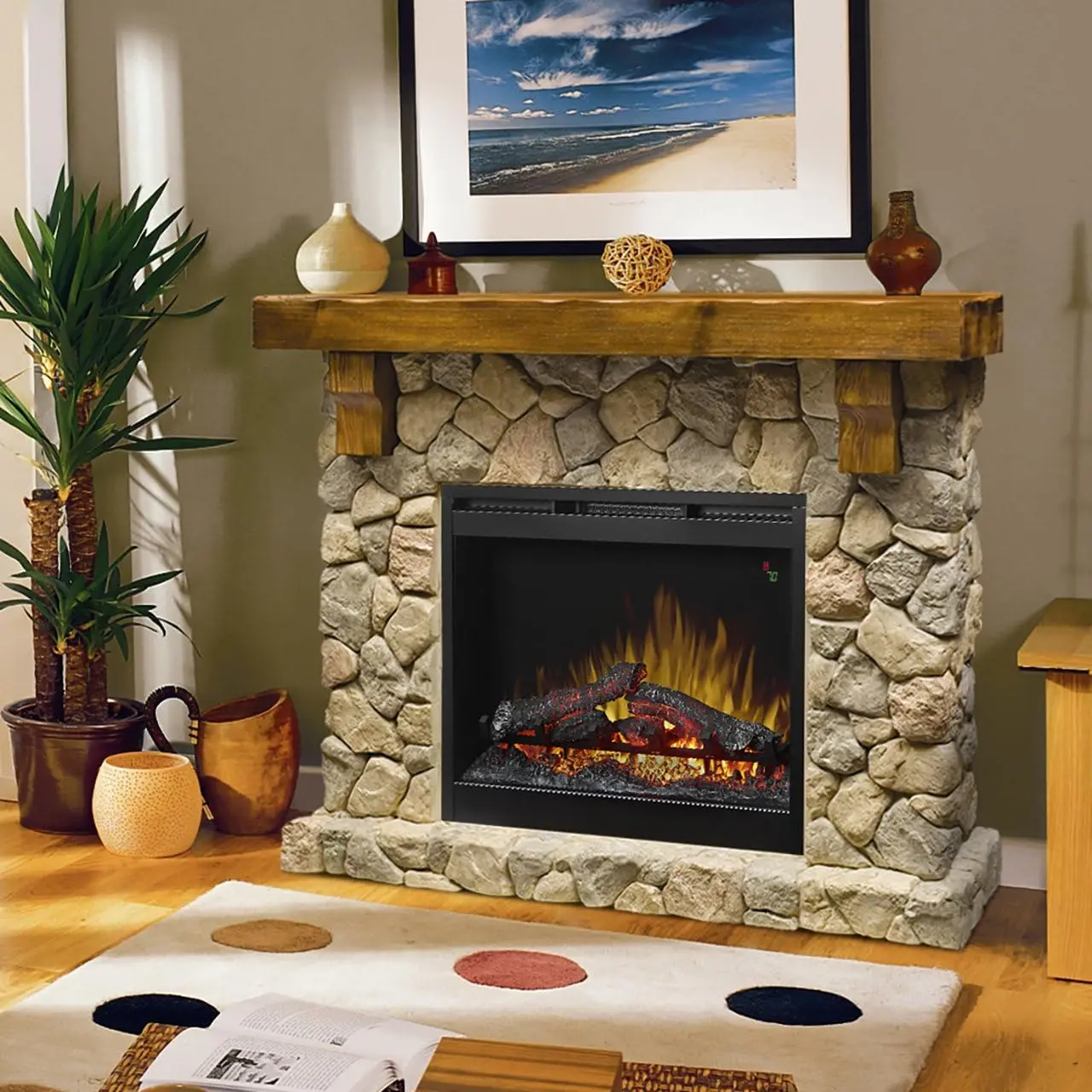 Dimplex Fieldstone Electric Fireplace with Mantel Surround Package | Pine with Natural Stone-look, 26