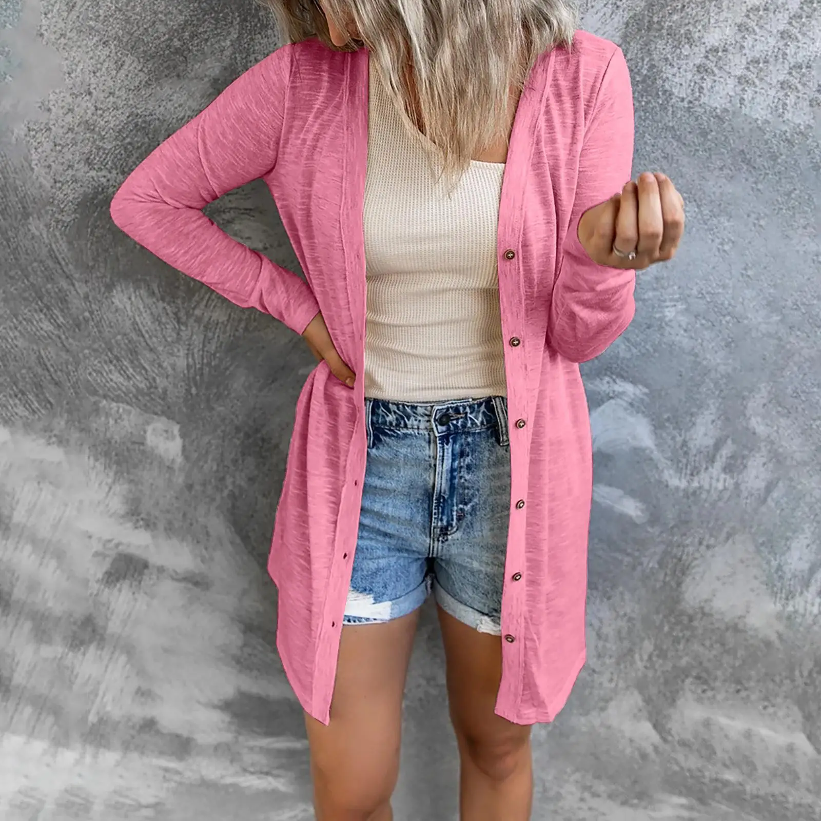 

Spring Autumn Women's Solid Long Sleeve Button Cardigan
