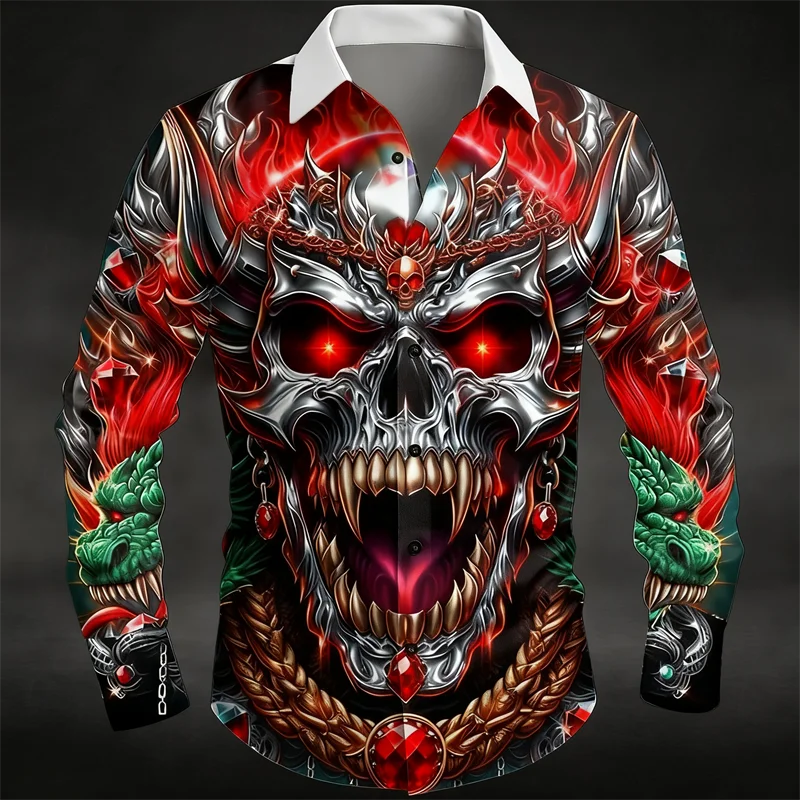 Halloween Men's Skeleton Dragon Flame Shirt Dark Punk Gothic Outdoor Festival Collar 3D Printed Collar Shirt