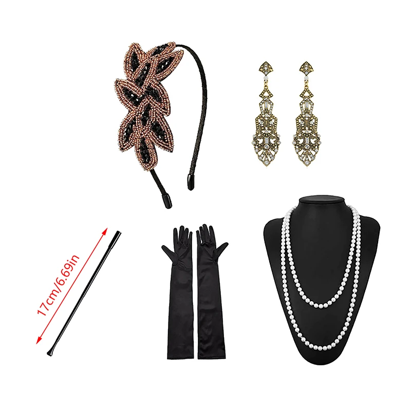 Disfraz de Flapper de 1920 para Cosplay, diadema de plumas, collar de perlas, pulsera, medias, Guante largo, accesorios para mascarada de Gatsby, 1 Juego