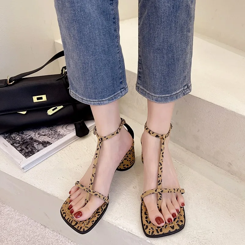 High Heel Sandal for Women Female Shoe 2021 Summer Square Toe Clogs Wedge Buckle Strap High-heeled Girls New Comfort Fashion Pla