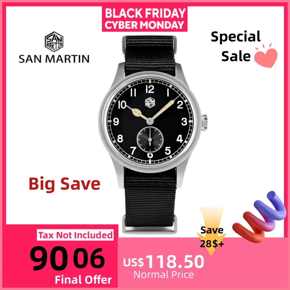 

San Martin 36 мм пилотные кварцевые часы RONDA 6004 VH31 для мужчин наручные часы нейлоновый ремешок светящиеся военные Orologio Uomo 10 бар SN0105XA