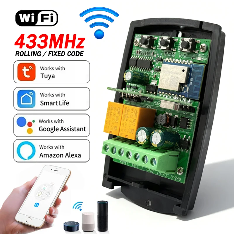 Universal Tuya 433MHz 433.92MHz Smart Switch Module 2CH Wifi Smart Relay Fixed Rolling Code Garage/Gate Remote Control Receiver