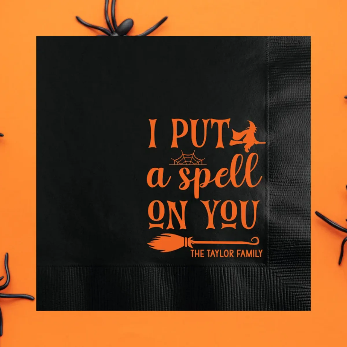 I Put a Spell On You Personalized Family Names Halloween 2024 Napkins, Custom Halloween Party Cocktail Napkins, Witchy Bachelore