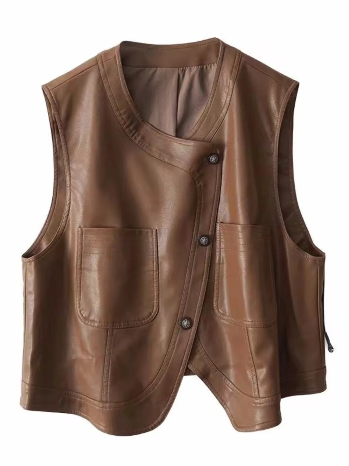 

Ретро Гонконг Sle Свободный крой из искусственной кожи жилет или джет женский многослойный модный V-Ne асимметричная верхняя одежда