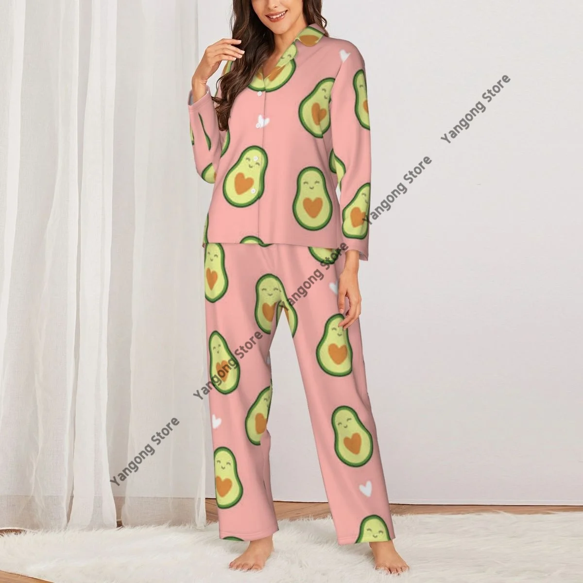 Women Sleepwear Pajamas Cute Avocado With Hearts Shapes Long Sleeve Pijama Female Set Negligee Cardigan Suit image 2