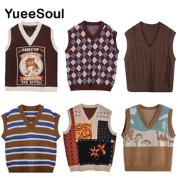 Brown Printed Oversized Women Sweater Vest Vintage Y2k Aesthetic Casual High Street Preppy Style Pullover Women Knitted Vest