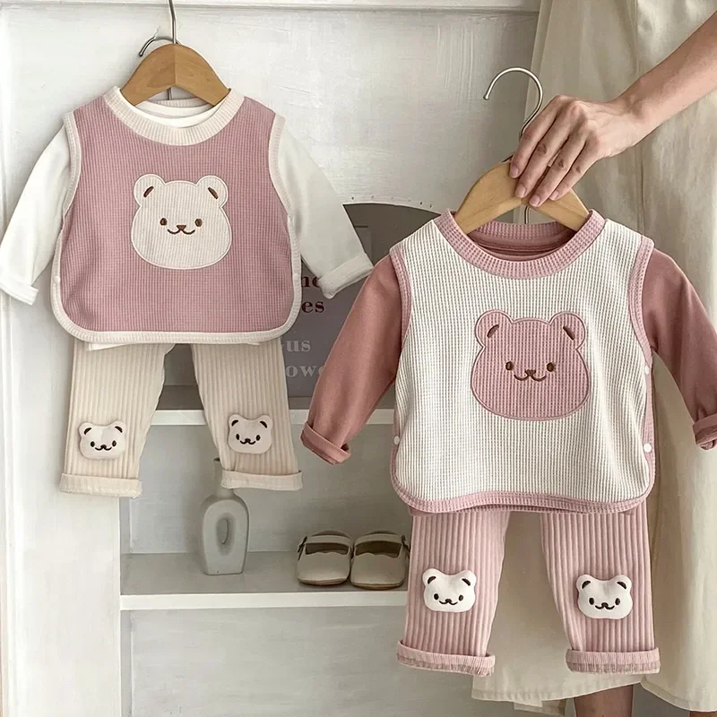 

BARDIBESS New Autumn Baby Clothes Set Infant Cute Pink Bear Waffle Vest Shirt Toddler Outwear