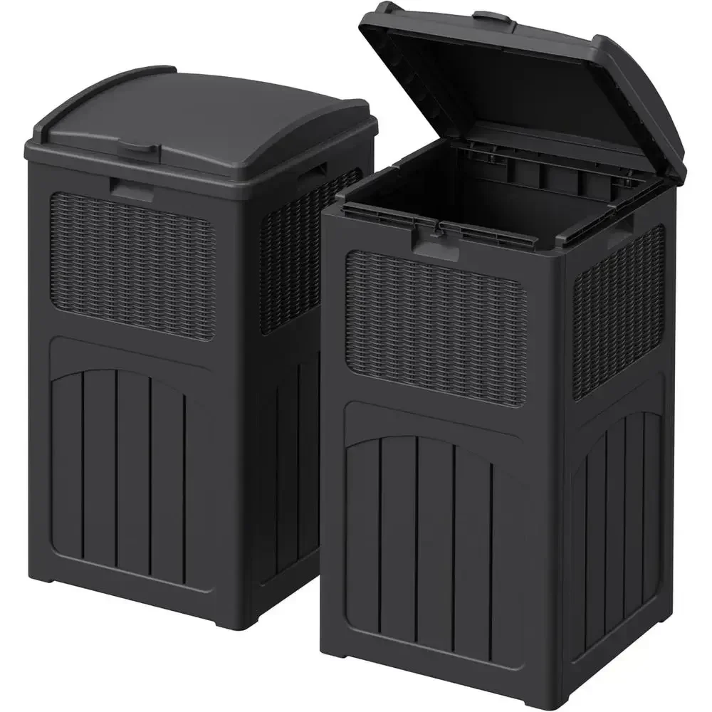 33 Gallon Dual-Lid Outdoor Trash Bin, Heavy-Duty Waterproof Resin, Ideal for Patio, Pool, Backyard, Deck