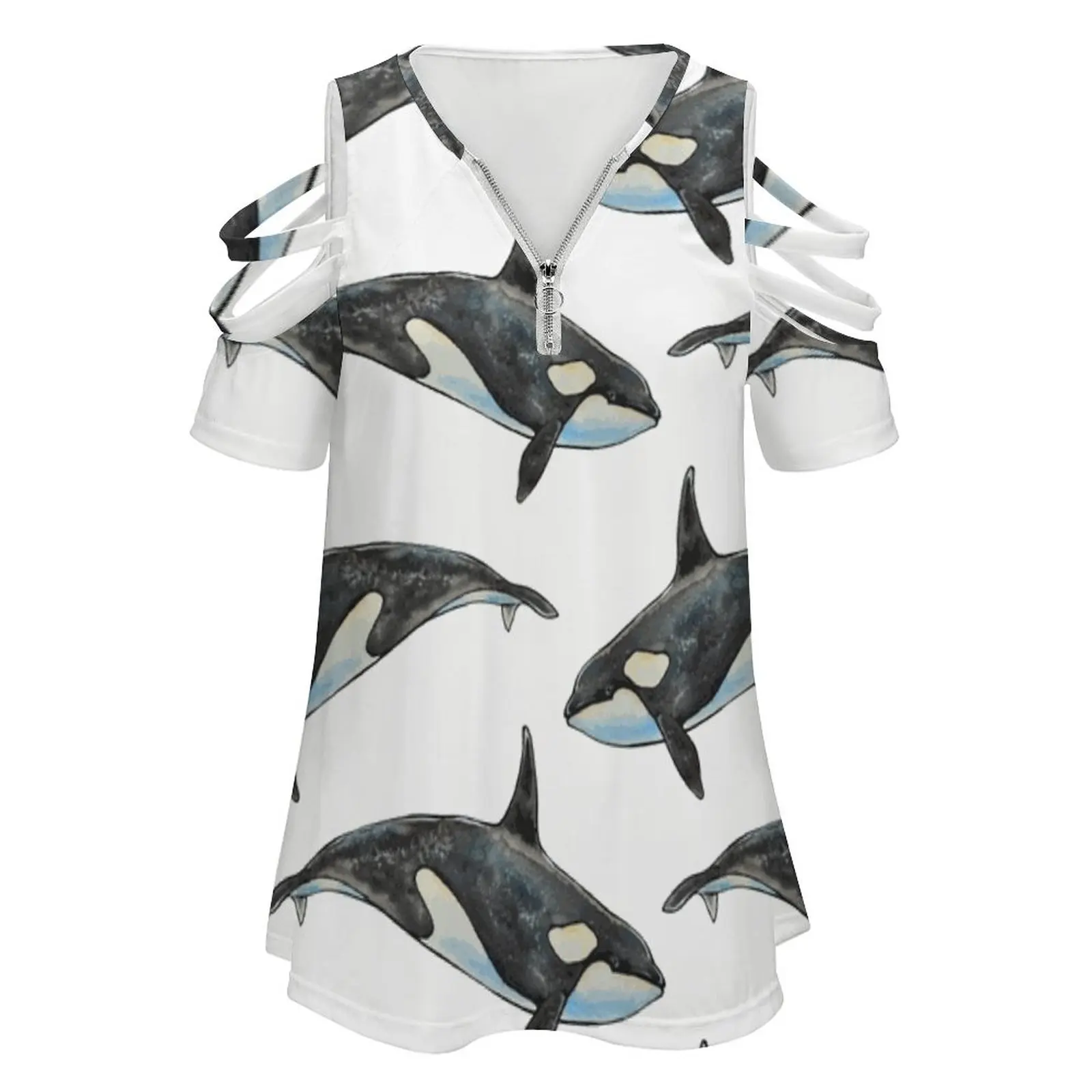 Orca Fashion Print Women Ladies Girls T-Shirt Harajuku Round Neck Short Sleeve Tops & Tees Hand Watercolor Pattern Killer