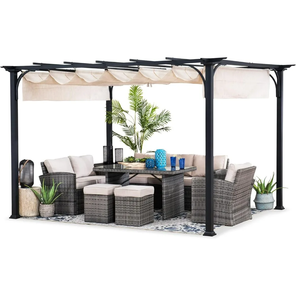 Outdoor Pergola 9 X 12 Ft. Patio Black Steel Frame Pergola with Retractable Beige Canopy Shade for Backyard,Pergolas