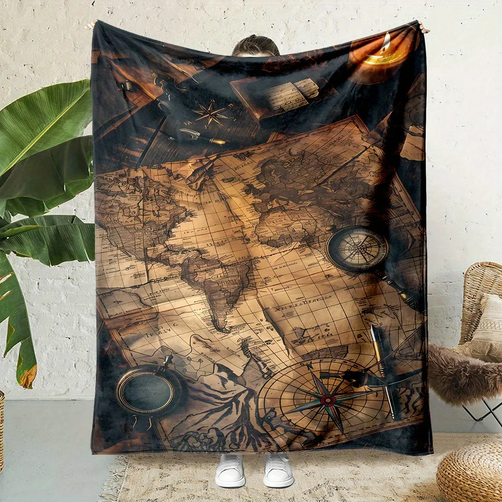 Nautical Compass Print Flannel Throw Blanket Soft Reversible All Season Couch Bed Office Travel Gift