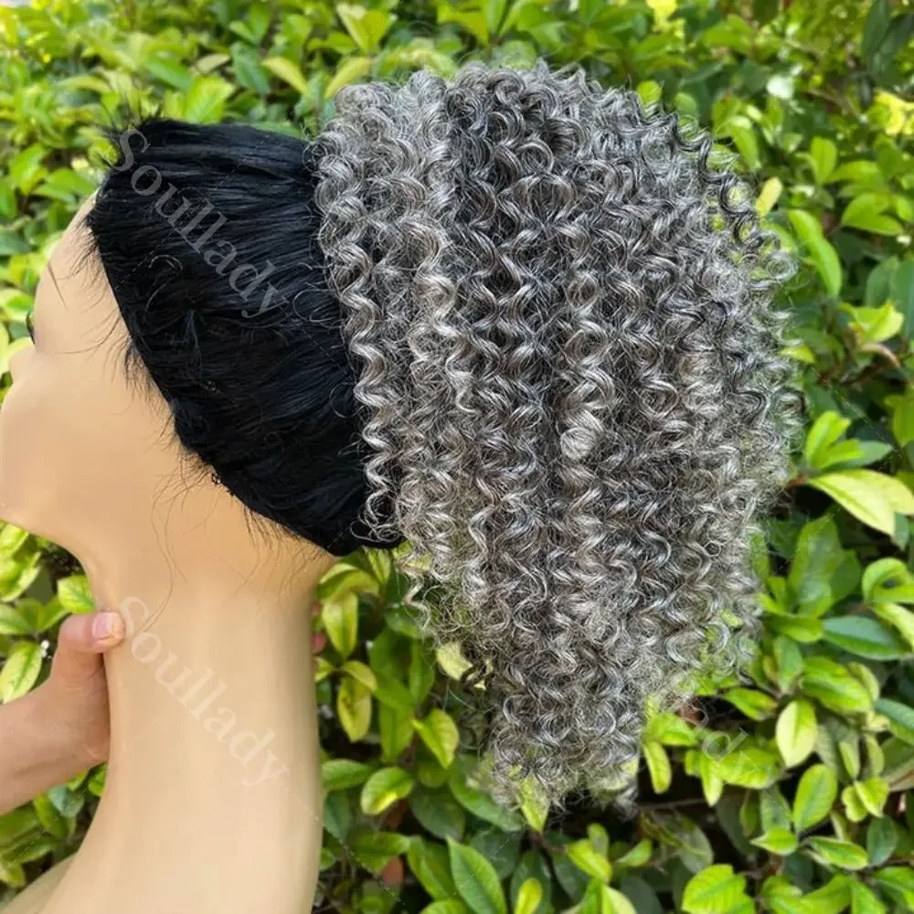 

shestina Salt And Pepper Ponytail Jerry Curly Human Hair Drawstring Ponytail Hair Extensions Silver Gray Color Kinky Curly Wigs