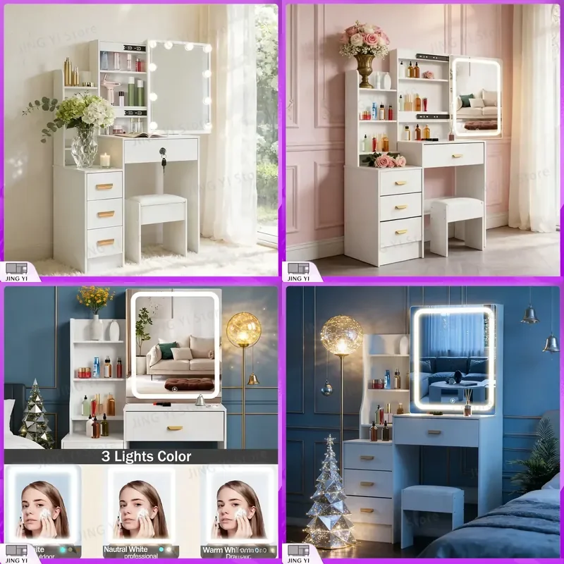 White LED Vanity Desk Set with 10 Bulbs 3 Color Dimmable Makeup Mirror Stool Storage Dressing Table for Women Bedroom