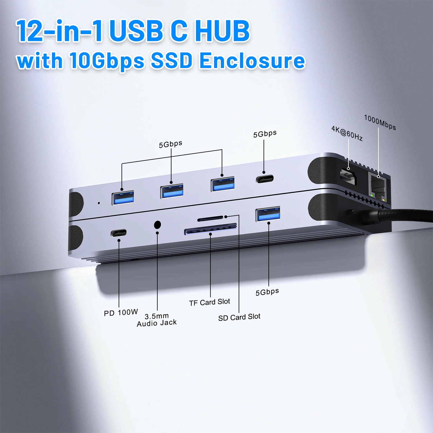 12in1 USB C Hubs Type C Hub 4K Docking Station with M.2 NVME SSD Enclosure Card reader RJ45 Ethernet Adapter 3.5mm Audio M2