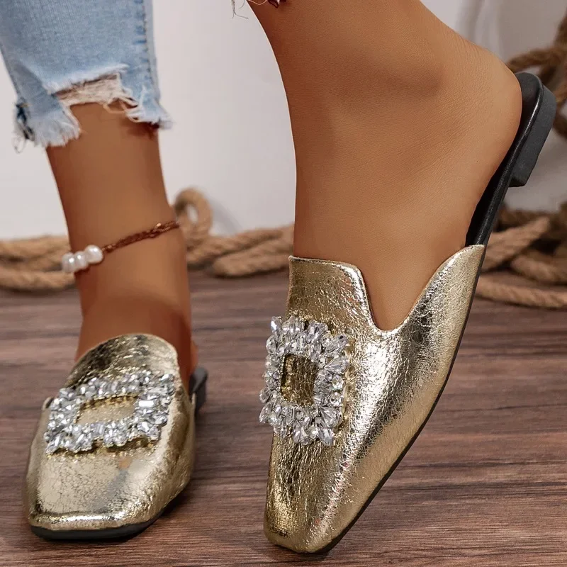 Baotou-Pantoufles à Talons Bas avec Strass pour Femme, Chaussures Décontractées à la Mode, Nouvelle Collection Été 2024