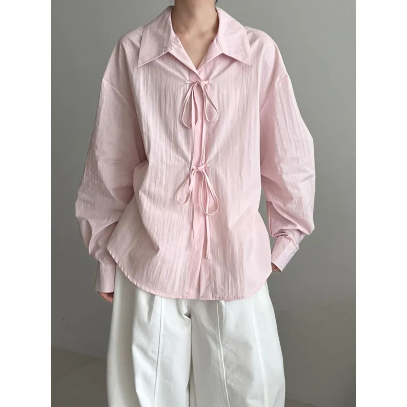 

Women Lace-Up Shirts Spring Autumn Turn Down Collar Loose Long Sleeve Korean Casual Tops