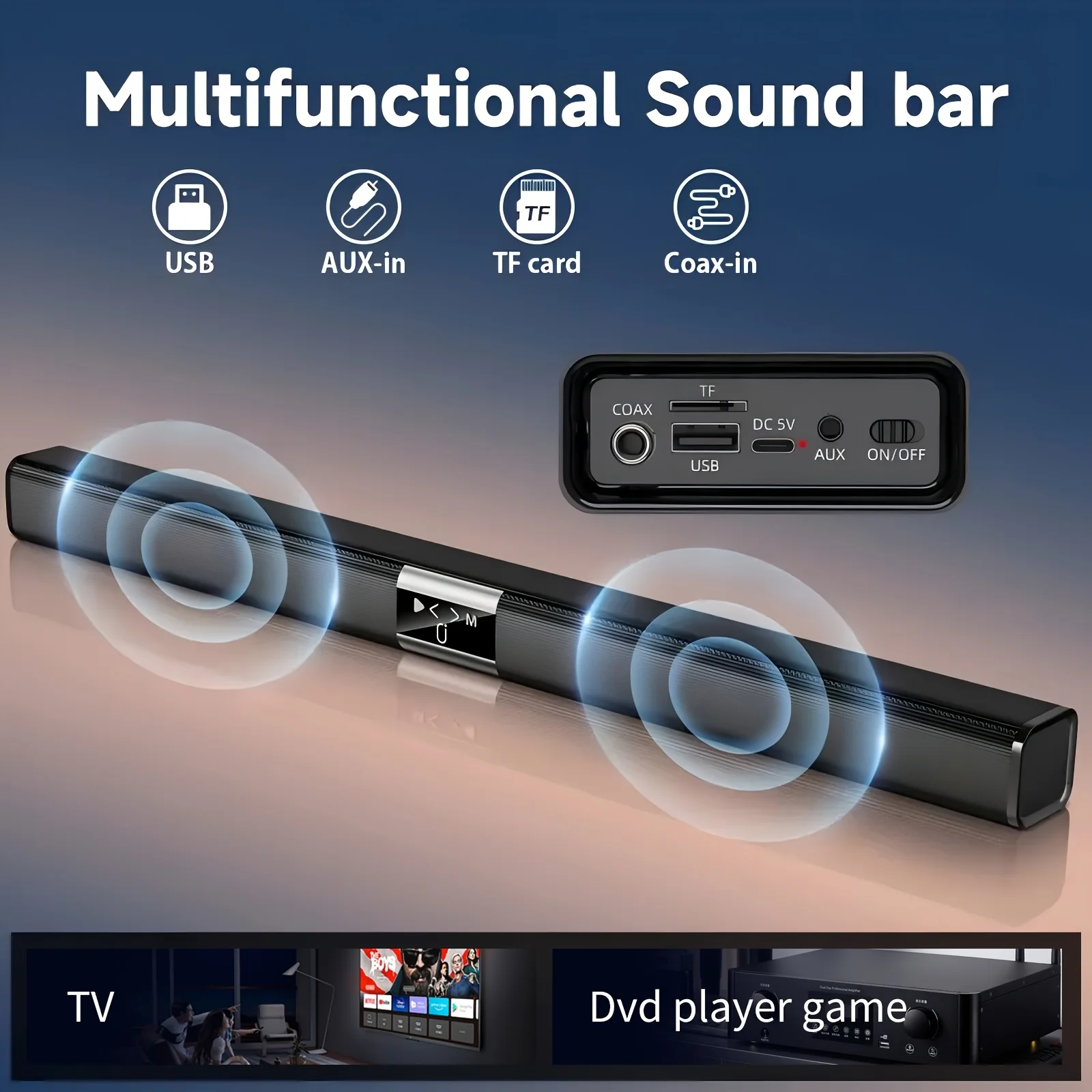 H8 20W 3D Home Theater Wireless Bar Speaker, Stereo, High Quality, Usb/Tf Card/Same Axis, Wireless/Wired, with USB Type-C Port, Lithium Battery 18650 Series 2000Mah Rechargeable Battery, Not Included Charger, Suitable for Tv, Dvd Player, Smartphone, Tablet Computer Game