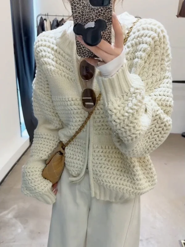 Retro Gruby Sweter Rozpinany z Igliwej Dzianiny z Imitacji Igliwy Sosny, Zapinany na Zamek, Damski, Zimowy, Nowy, Ciepły, Casualowy...