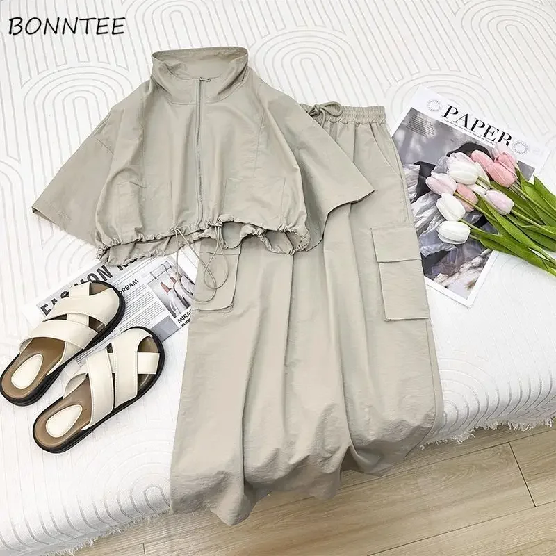 Women Sets Turn-down Collar Shirt Elastic Waist Skirt 2pcs Solid Chic Pockets Design Daily Trendy Popular Leisure Summer Outfits