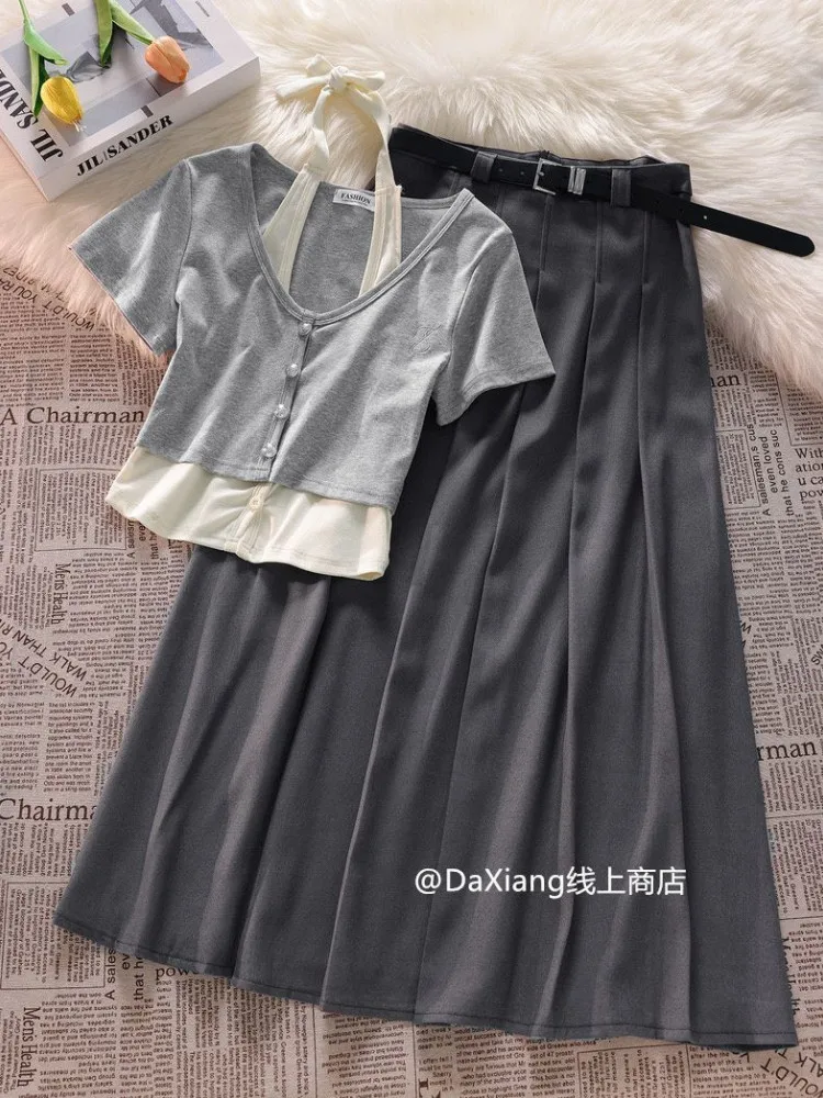 Korean Pure Desire Style Set Spicy Girl Imitation Two piece Top Short Sleeve T-shirt+Long pleated Skirt Two piece Set