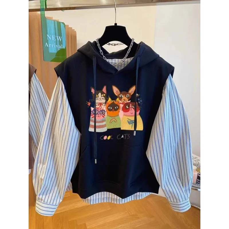 

Men's Oversized Hoodie Patchwork Stripe Sve Print Casual American Sle Polyester Fabric Warmth Autumn Winter Streetwear