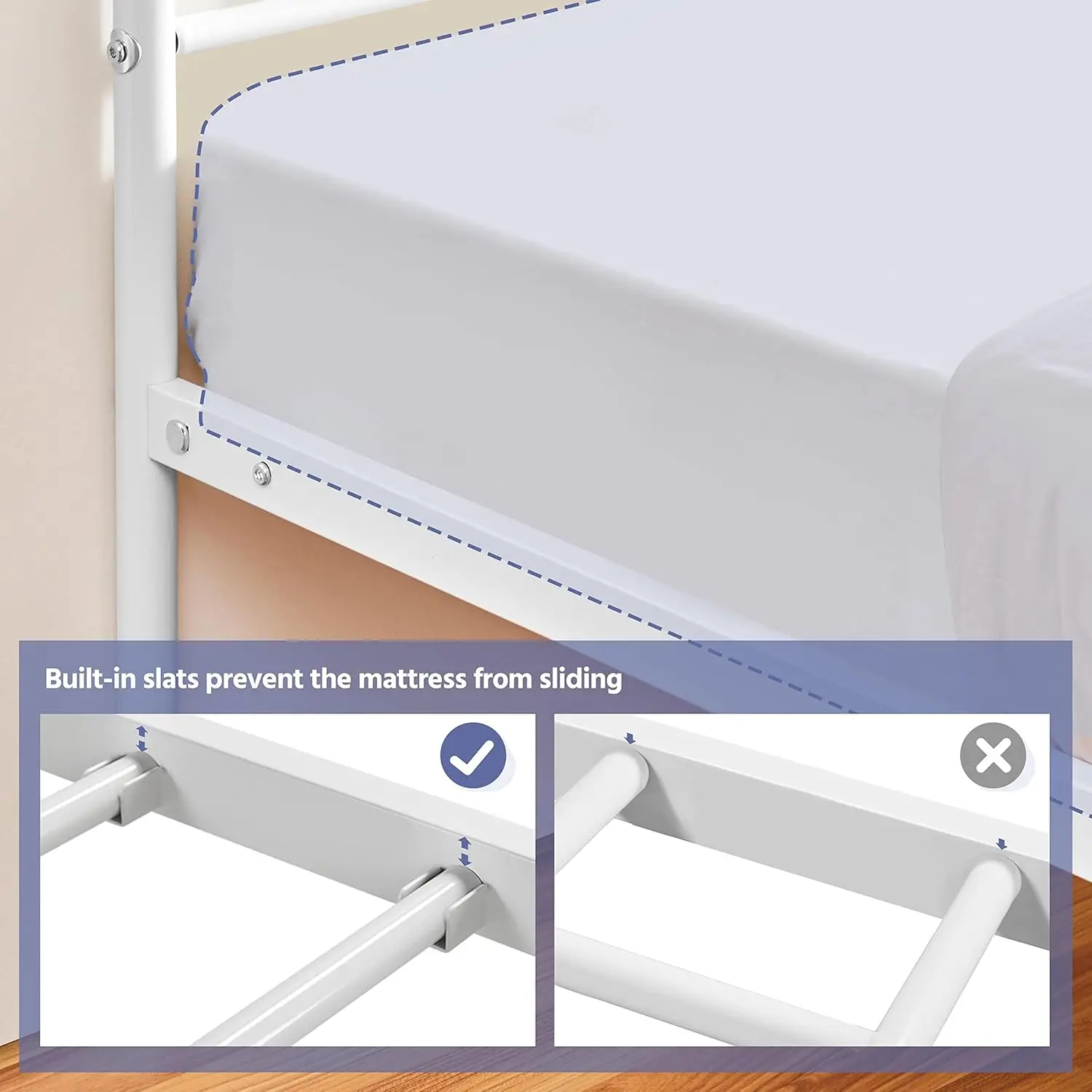 Double Sided Bed Frame com Seta Design Cabeceira, Metal Colchão Base, fácil de montar, branco, 13"