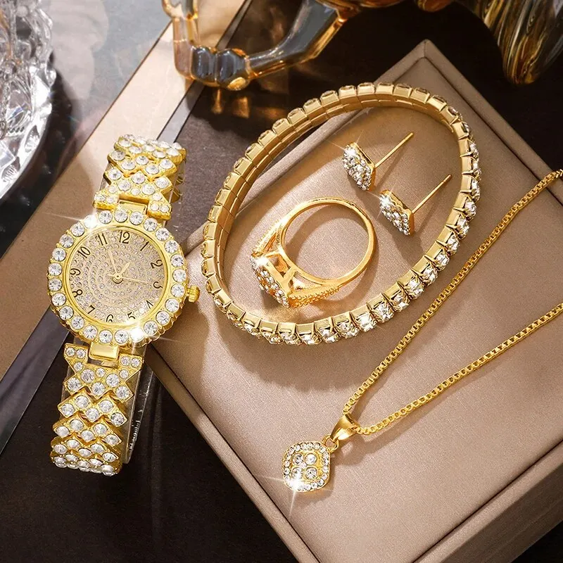 Women Gold Watch Ring Necklace Earrings Bracelet Set Diamond Fashion Wristwatch Female Casual Ladies Quartz Watches Jewelry Set