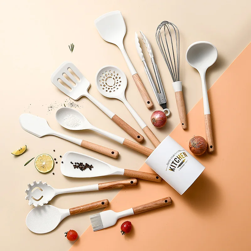 New silicone kitchenware set with short wooden handle, non stick pot, spoon, spatula, food clip, scraper, oil brush creamy white