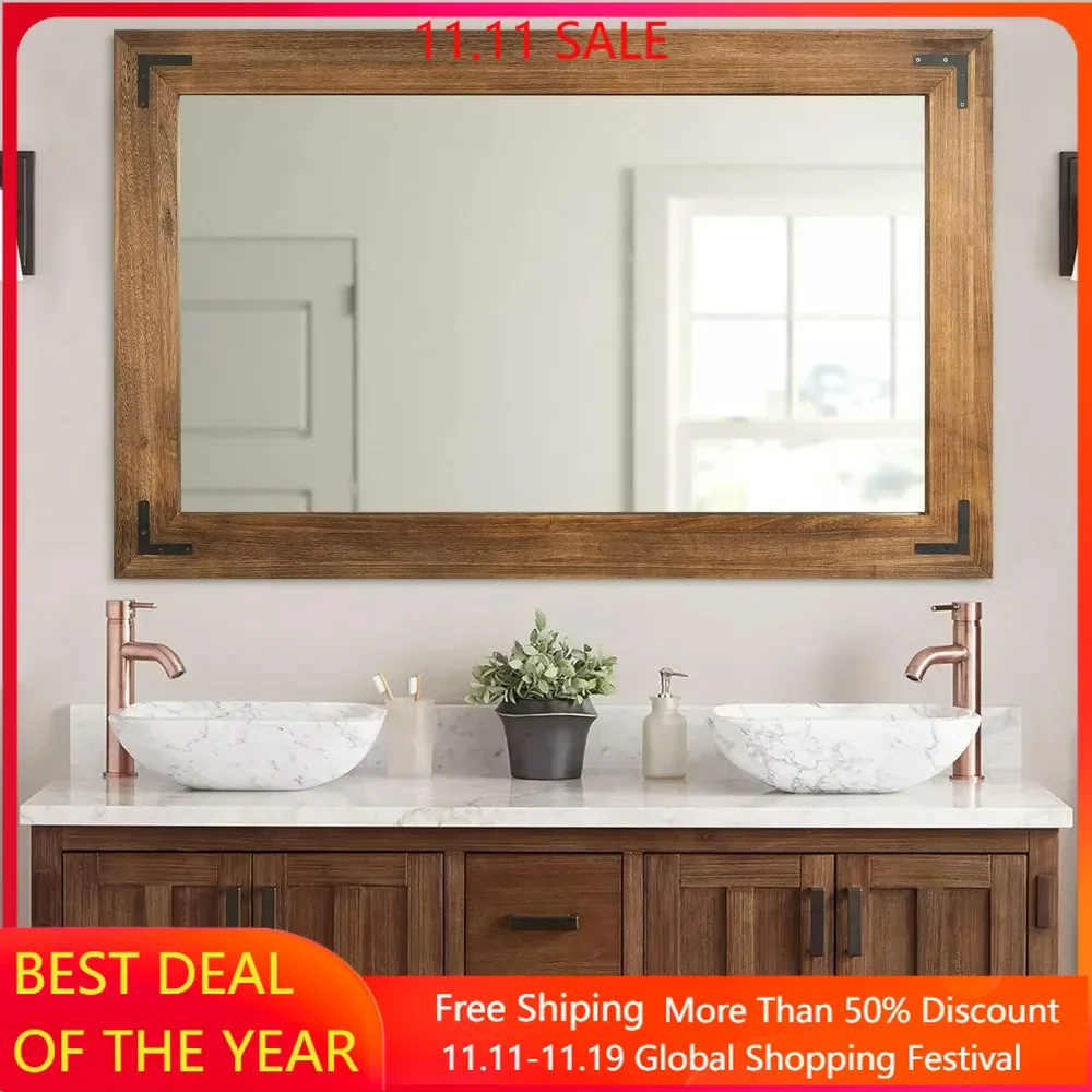 Wooden Framed Wall Mirror, Natural Wood Bathroom Vanity Mirror for Farmhouse Decor, Vertical or Horizontal Hanging, Mirror