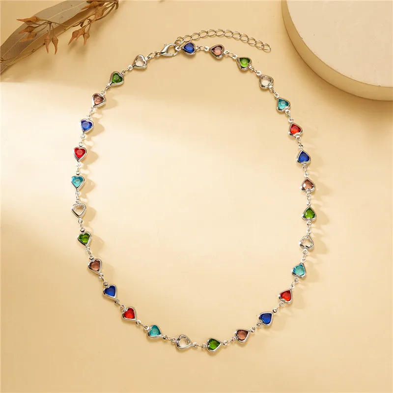 Exquisite bunte Kristall Herz Halsband Halskette für Frauen Charme Zirkon Metall Kette Halskette Party Geburtstag Schmuck Geschenk – Detail 4