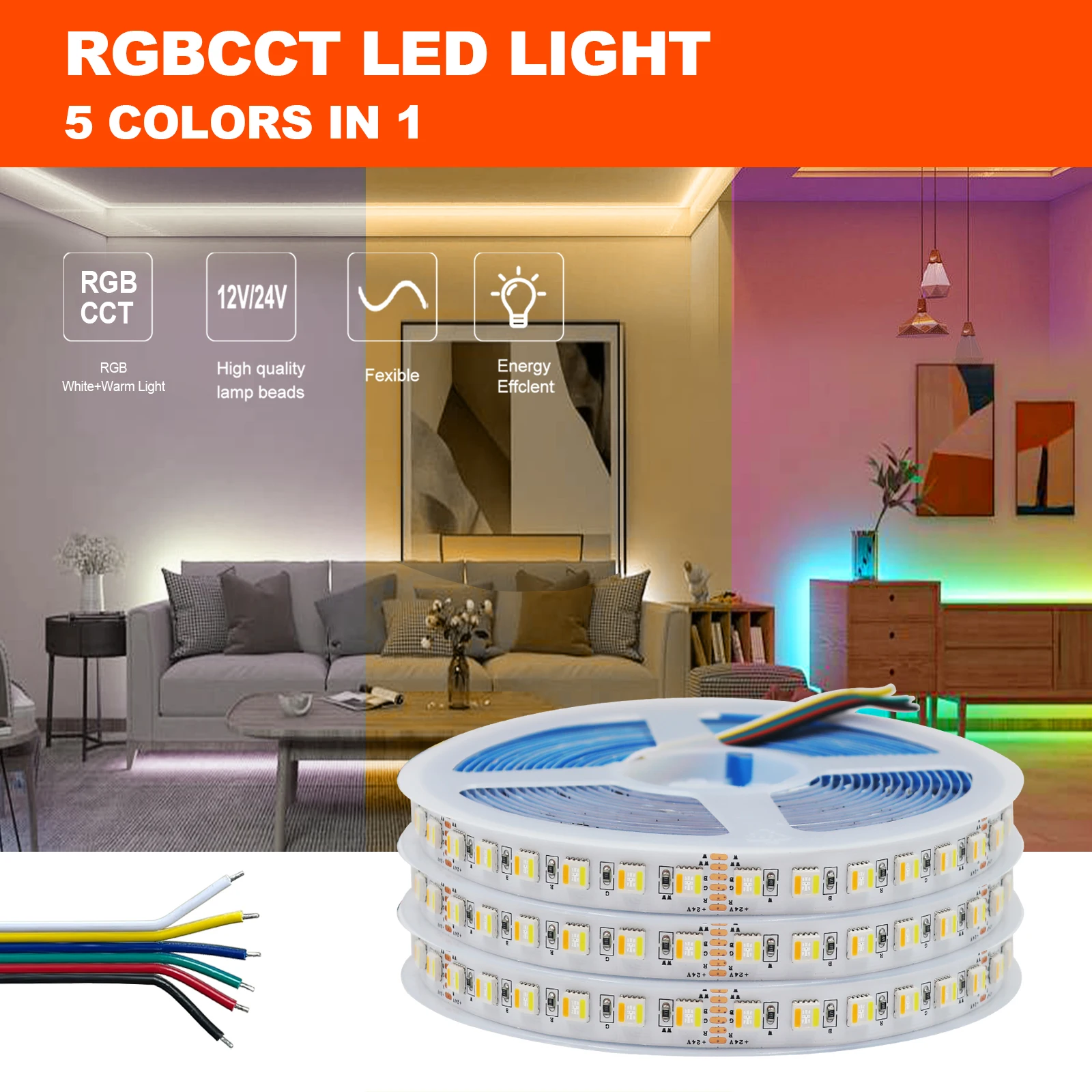 5 kolorów w 1 chipie taśma LED RGB CCT DC 12V 24V SMD 5050 30 60 96 leds/m elastyczny taśma wstążkowa sznur oświetleniowy