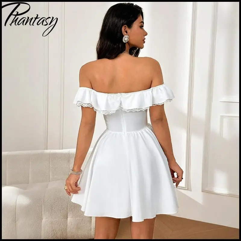 French Princess-Style Bow Lace Trim Off-the-Shoulder Dress Cinched Waist A-Line Skirt Solid Courtly Knee-Length Women's Dress
