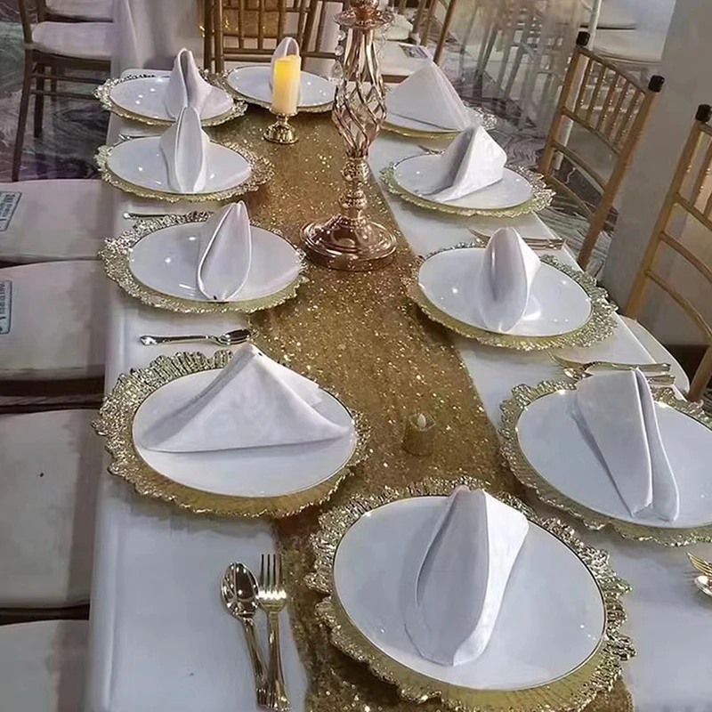 لوحة شاحن ذهبي، طبق خدمة ديكور بلاستيكي، صينية تقديم لحفلات العشاء وحفلات الزفاف وأعياد الميلاد والولائم