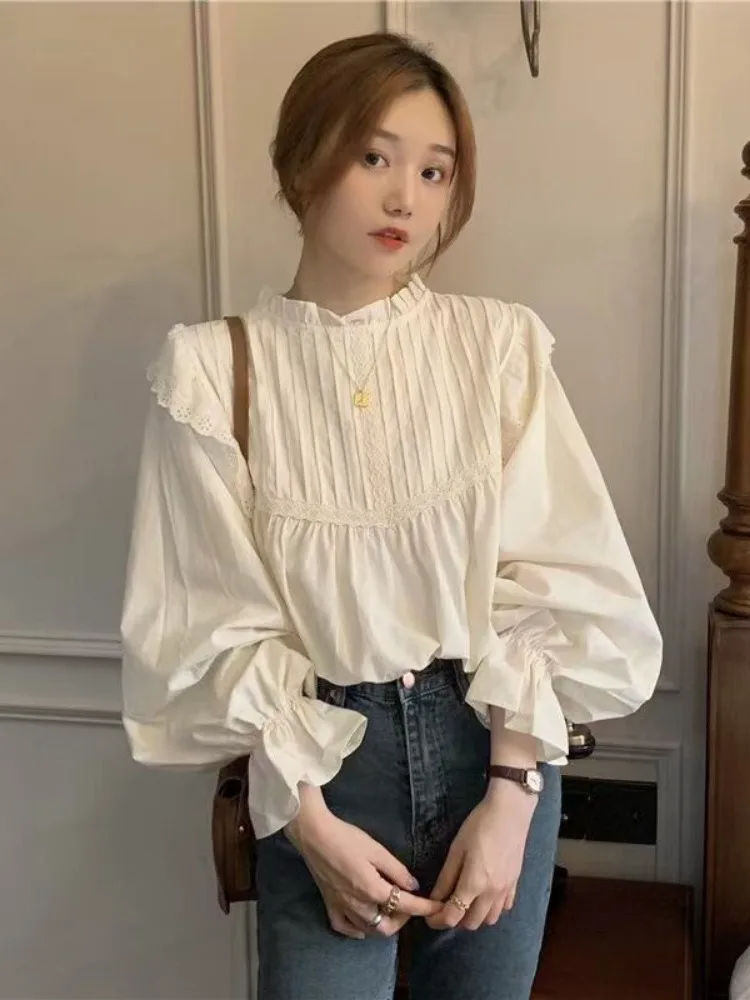 Y2k Korean Blouse for Women Fashion Autumn Solid Pleated Shirts 2024 Blusas Mujer De Moda Lace Ruffles Temperament Loose Tops