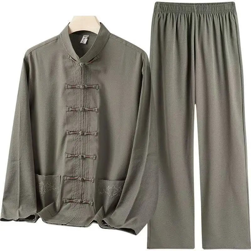 بدلة تانغ للرجال في منتصف العمر أبي تاي تشي زي الربيع الصيف الحرير الجليدي قميص طويل الأكمام التطريز التقليدي ملابس المسنين