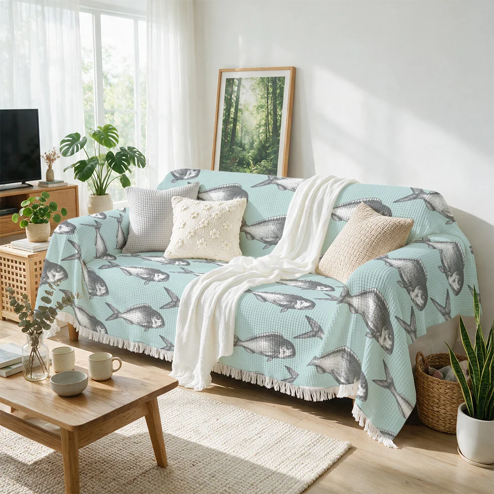Cute Fish Print Nautical Sofa Throw Blanket Aqua Blue Coastal Marine Life Ocean Beach Decor Couch Cover Cozy Living Room Bedding