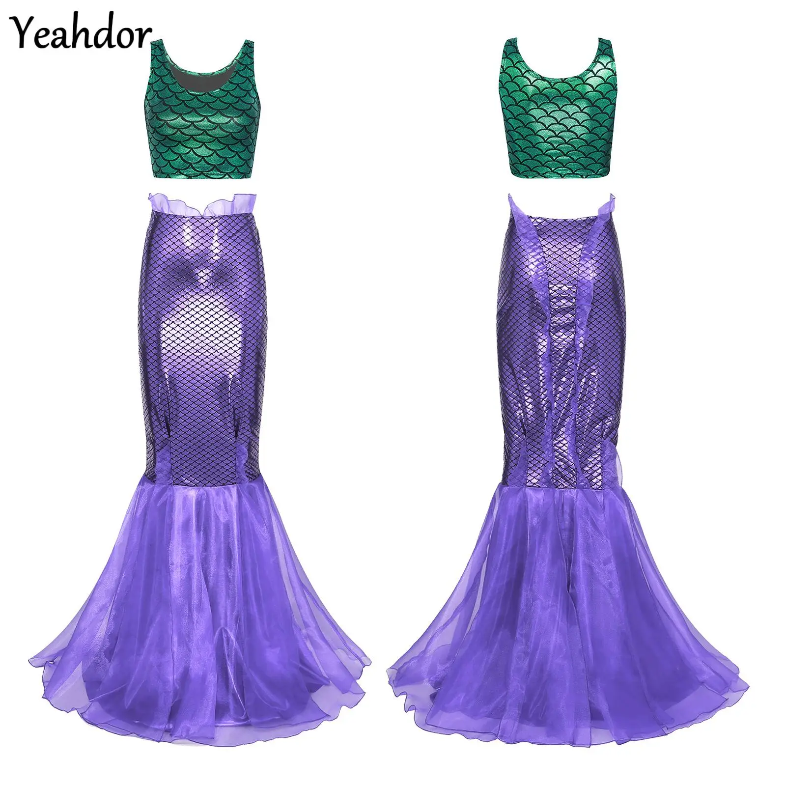 

Women Mermaid Cosplay Costume Metallic Fish Scale Print Crop Top Sleeveless Vest Tank Top with Tulle Fishtail Skirt Mermaid Set