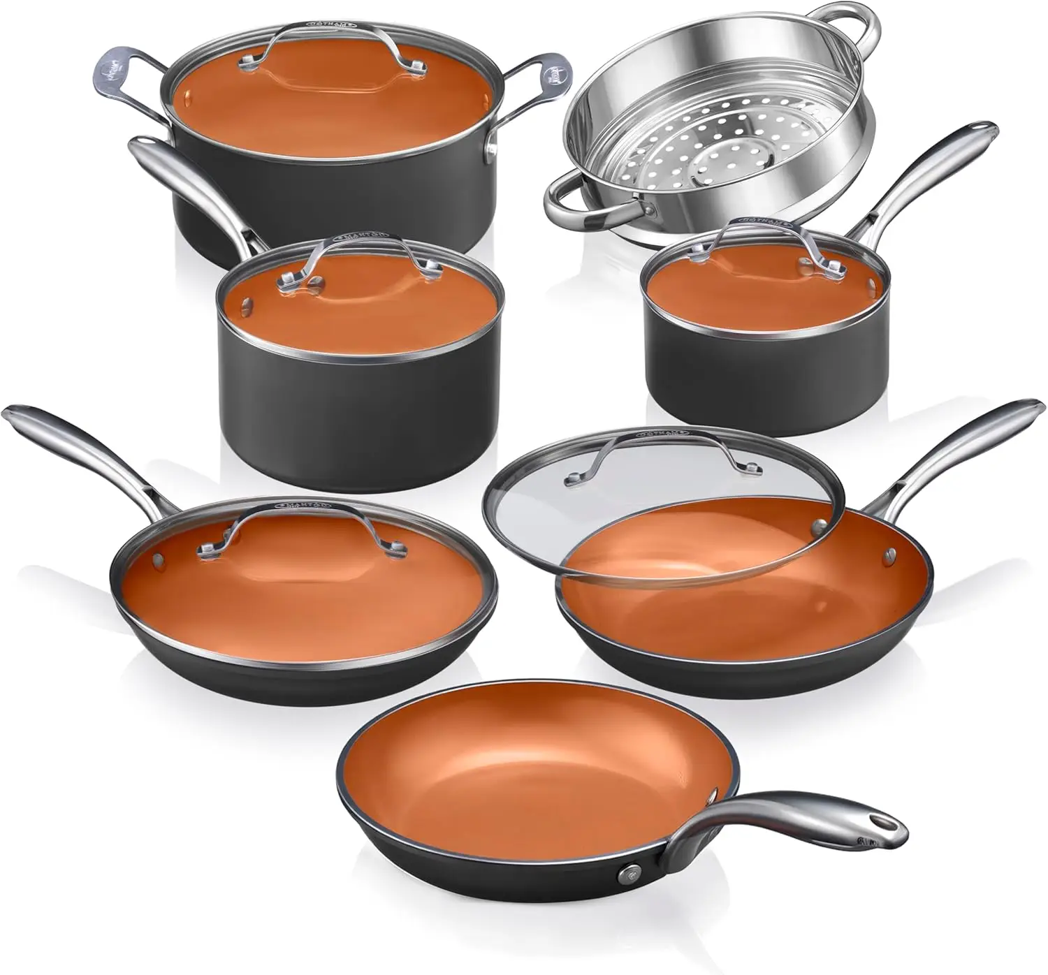 

12-Piece Ceramic Nonstick Cookware Set with Steamer, Oven & Dishwasher Safe, Copper Finish