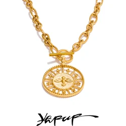 Yhpup Fashion 18K Gold Color Plated Stainless Steel Vintage Round Pendant Necklace Waterproof Personalized Modern Jewellery 2025