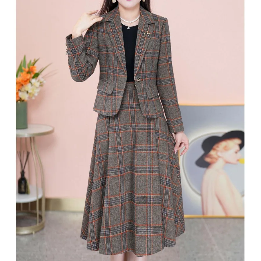 

High-End Faionable Lady's Suit Set Women's Plaid Suit Coat And Skirt Ele Two-Piece Set Autumn Winter New Arrival