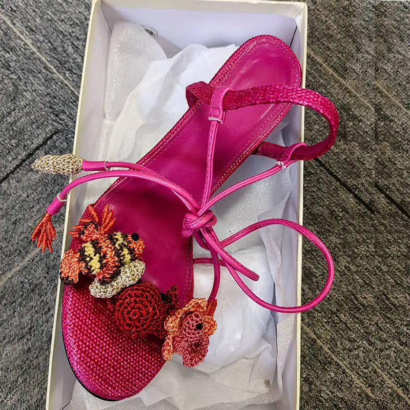 Onlymaker Women Open Round Toe Woven Embellished Ankle Strap Sandals Thin Heel Big Size Sandals